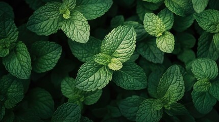 Close-up of fresh green mint leaves, aromatic herbs for cooking and beverages, organic food concept, space for text