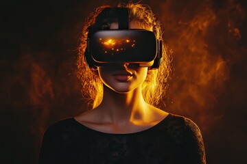 Poster - Woman Immersed in a Firelit VR Environment Representing the Fusion of Traditional Warmth and Modern Digital Interaction Through Virtual Reality