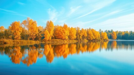 Poster - Golden autumn trees reflecting on a calm lake, seasonal beauty and nature retreat, peaceful view with space for text