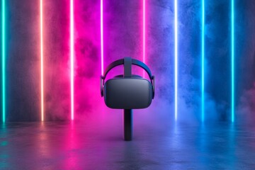 Wall Mural - VR Headset Suspended in a Neon Corridor Highlighting the Immersive Experience and Futuristic Design of Virtual Reality Technology