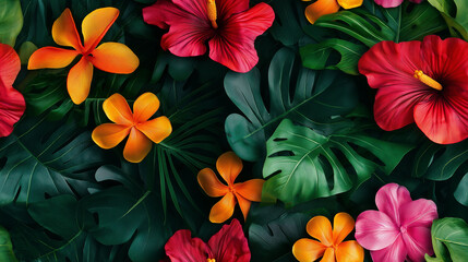 Poster - Bright tropical flowers like hibiscus and plumeria among lush green leaves. The seamless pattern offers a vibrant, lively design perfect for summer-themed projects.