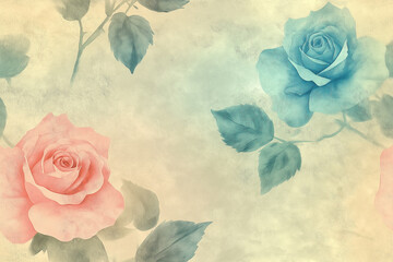 Poster - Soft watercolor-style pattern with pink and blue roses and leaves on a gentle gradient background, creating a delicate, vintage-inspired floral design. Perfect for textile or wallpaper use.