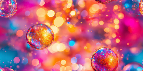 Colorful abstract pattern featuring glowing bubbles and bokeh lights in vibrant pink, orange, and blue hues, creating a lively and cheerful seamless tile.