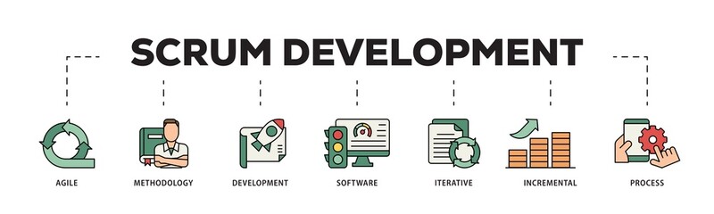 Sticker - Scrum development icon infographic illustration concept with icon of agile, methodology, development, software, iterative, incremental and process icon png and easy to edit 