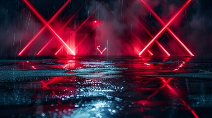 Canvas Print - Wet asphalt at night with red neon light reflections