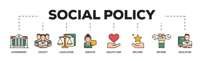 Poster - Social policy icon infographic illustration concept with icon of education, reform, services, welfare, health care ,legislation, society, government icon png and easy to edit 