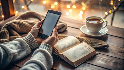 A person's hands hold a sleek smartphone, intensely focused on a captivating digital novel, with a blurred background of a cozy morning atmosphere.