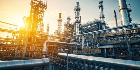 Network of steel pipelines in an oil refinery, surrounded by industrial towers and machinery, under clear skies, metallic and intricate