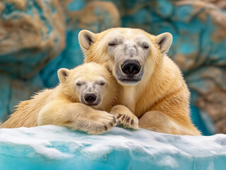 Canvas Print - Two polar bears are laying on top of a block of ice. One of the bears is a baby