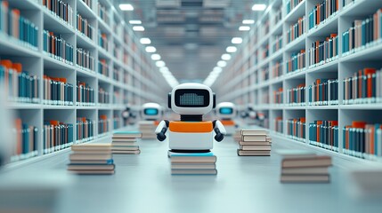 A robot stands in a vast, modern library filled with books, symbolizing the fusion of artificial intelligence and information.