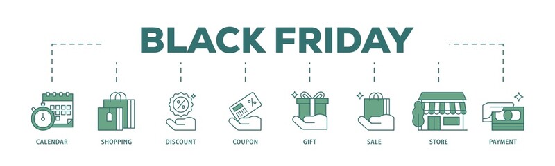 Poster - Black friday icon infographic illustration concept with icon of calendar, shopping, discount, coupon, gift, sale, store, payment icon png and easy to edit 
