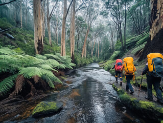 Wall Mural - Three people are walking along a river, with one of them carrying a backpack. The scene is peaceful and serene, with the sound of the water and the trees in the background