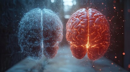 A detailed visualization of two brains facing each other, one rendered in a digital network form and the other glowing with fiery energy.