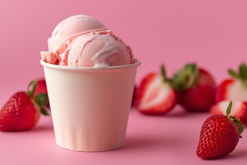 Two scoops of strawberry ice cream in a white paper cup with fresh strawberries on a pink background.