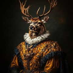 Wall Mural - Whimsical Renaissance Deer Portrait: Anime-Style Animal in Elegant Historical Attire. Creative AI-Generated Illustration for Holiday Cards, Party Invitations, and Graphic Design. Artistic Blend of Med