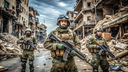 Armed military personnel in camouflage uniform and helmet stand guard, holding rifle and backpack, amidst a barren, war-torn backdrop with destroyed buildings.