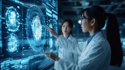 Poster - An engineer collaborating with a colleague in front of a 3D holographic representation of complex mechanical systems highlighting the teamwork and precision involved in engineering projects Stock