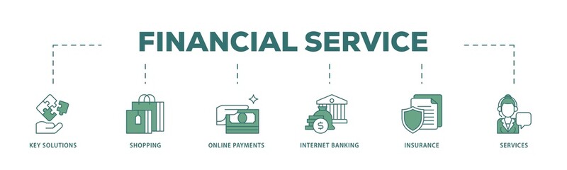 Poster - Financial service icon infographic illustration concept with icon of key solutions, shopping, online payments, internet banking, insurance and services icon png and easy to edit 