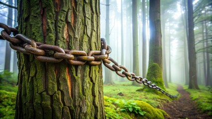 a rugged metal chain wrapped tightly around a tree trunk, symbolizing constraint, obstacle, and limi