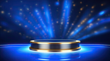 Poster - empty golden product podium, blue background.