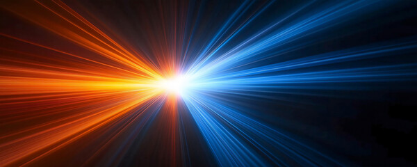 Sticker - Rays of blue and orange light on a black background, a light speed effect, an energy beam with a sun flash flare.