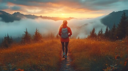 Poster - Elderly Female Running in Scenic Foggy Landscape with Mountains