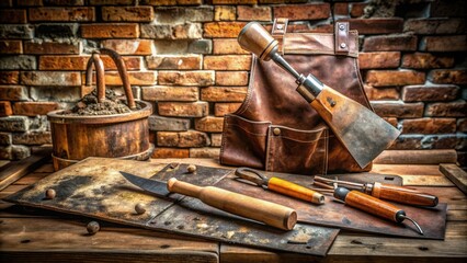 A rusty old mason's trowel and worn leather carpenter's apron lie on a weathered wooden workbench amidst scattered bricklayers' tools and mortar mixing equipment.