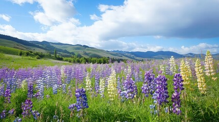 Lupine Field with Mountain Landscape