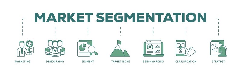 Aufkleber - Market segmentation icon infographic illustration concept with icon of marketing, demography, segment, target niche, benchmarking, classification, strategy icon png and easy to edit 