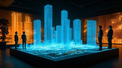 Poster - An architect and engineer engaging in a deep discussion over a 3D holographic model of an infrastructure project with visual details projected in the air demonstrating the integration of ideas Stock
