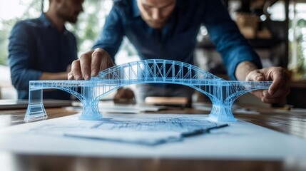 Poster - A team of architects and engineers working together on a 3D holographic model of a bridge discussing structural integrity and aesthetic elements showing the blend of technical and creative expertise