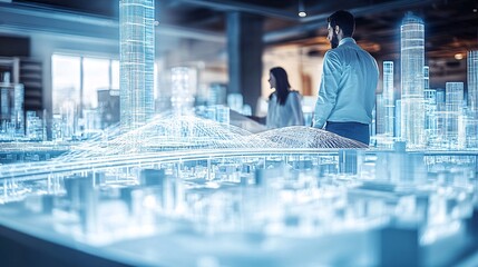 Aufkleber - A team of architects and engineers working together on a 3D holographic model of a bridge discussing structural integrity and aesthetic elements showing the blend of technical and creative expertise