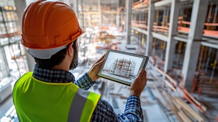 Poster - A construction manager holding a tablet that projects a 3D holographic model of the structure directly over the construction site allowing for real-time adjustments and accuracy checks Stock Photo