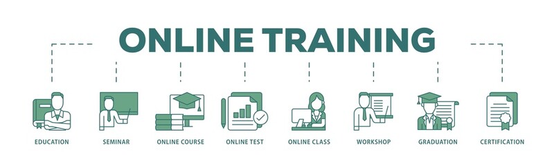 Aufkleber - Online training icon infographic illustration concept with icon of education, seminar, online course, online test, online class, workshop, graduation, certification icon png and easy to edit 