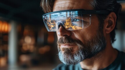 Poster - An architect wearing augmented reality glasses on a construction site viewing a 3D holographic overlay of the project confirming that the physical build aligns perfectly with the digital model Stock