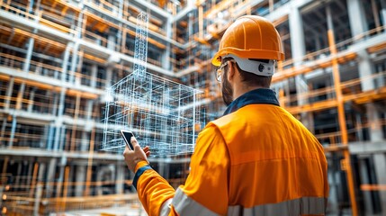 Poster - A construction professional using a handheld device to project a 3D hologram of the completed structure over the ongoing construction site checking for any deviations from the planned design Stock