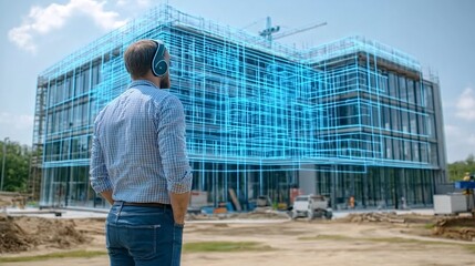 Poster - An engineer on-site adjusting a 3D holographic model of a building projected over the construction area verifying that the physical build is progressing according to the digital plan Stock Photo with