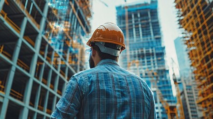 Poster - An engineer on-site adjusting a 3D holographic model of a building projected over the construction area verifying that the physical build is progressing according to the digital plan Stock Photo with