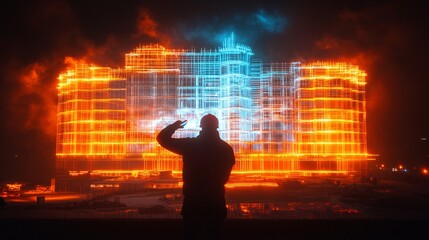 An engineer on-site adjusting a 3D holographic model of a building projected over the construction area verifying that the physical build is progressing according to the digital plan Stock Photo with