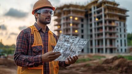 Poster - A construction site with an architect examining a 3D hologram of the final structure overlaid on the actual environment ensuring that every detail of the build aligns with the design Stock Photo with