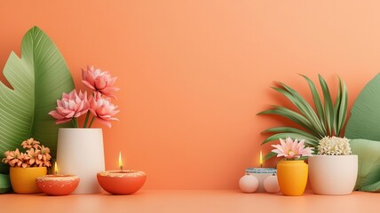 Diwali crackers, flower pots and chakras, 3D illustration