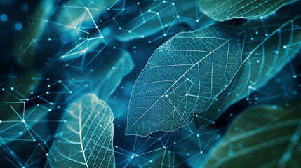 Wall Mural - Corporate environment abstract wallpaper, leaf patterns with a digital grid, sustainability green, eco theme