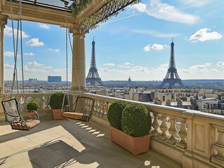 Wall Mural - A balcony overlooking the city of Paris with two Eiffel towers in the background. The view is breathtaking and serene, with the swings and potted plants adding a touch of charm to the scene