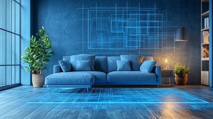 Aufkleber - A room setup where a designer is using a 3D holographic projection to simulate different decorative elements and furniture combinations providing a comprehensive preview of potential designs Stock