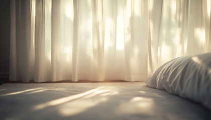 Poster - Blurred Minimalist Bedroom with Soft Morning Light and Calm Atmosphere