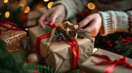 Wall Mural - Close-up of hands wrapping holiday gifts with festive ribbons. 