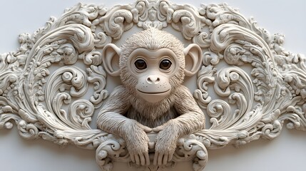 Wall Mural - 86. **A 3D render of a ceramic tile art showcasing a playful monkey with intricate designs and textures, isolated on a white background