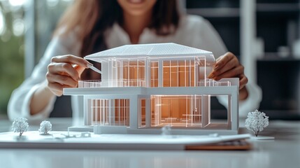 Poster - An architect at a sleek workstation adjusting a 3D hologram of a building blueprint while colleagues work on similar holographic models nearby demonstrating a high-tech collaborative environment