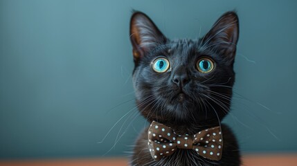 Black kitten in polka dot bow tie against turquoise background, bright blue eyes, adorable portrait