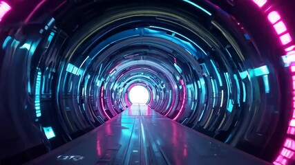 Poster - Explore a futuristic tunnel with vibrant lights and a bright exit point